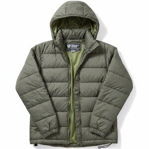 Steve Barry’s Double Down Mens MED Puffer Jacket Green Hooded Zip Winter 961124